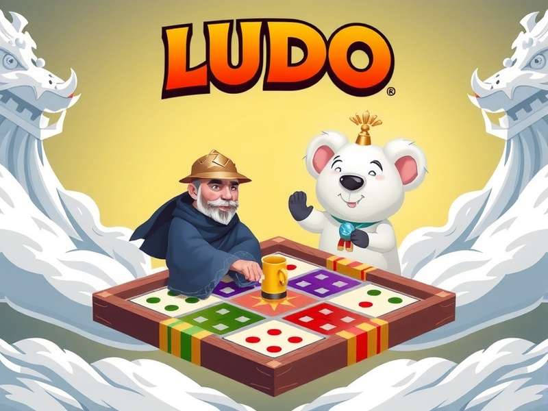 A close-up of a colorful Ludo board game in progress, dice and tokens visible